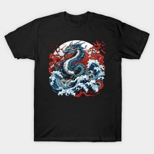 Dragon against the backdrop of a setting sun bathed in ocean waves T-Shirt